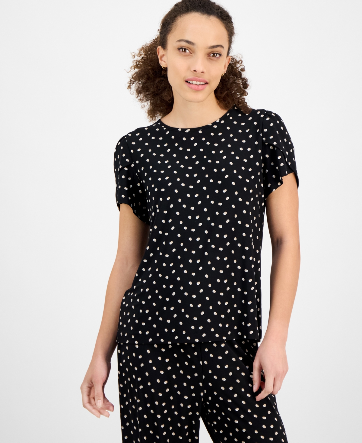 Ak Anne Klein Petite Dot-print Tulip-sleeve Top In Anne Black Multi