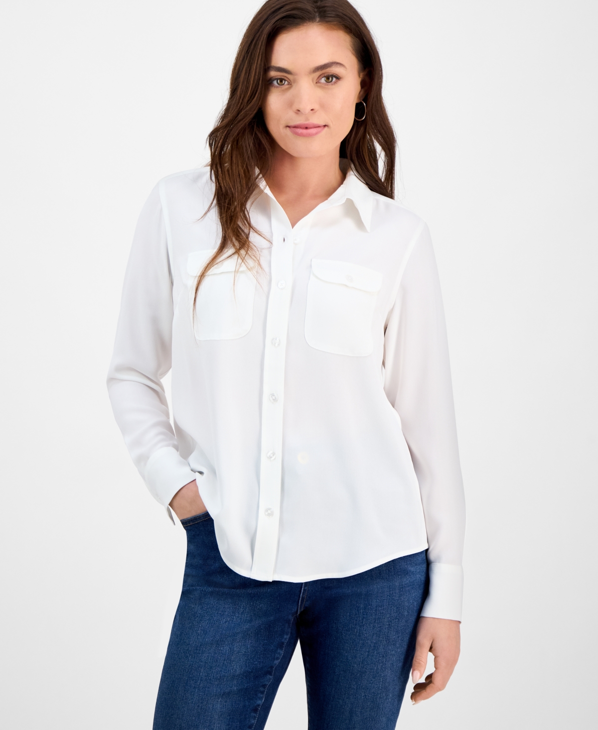 Inc International Concepts Petite Button-pocket Long-sleeve Shirt, Exclusively At Macy's In White