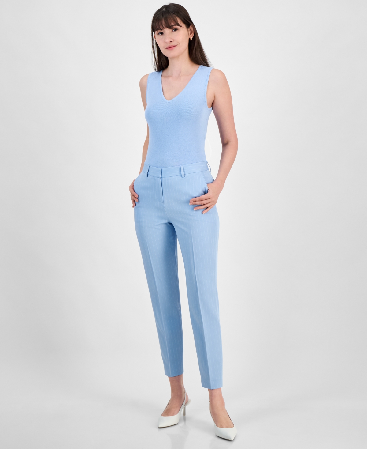 Women's Mid Rise Pinstripe Classic Pants - Ice Blue