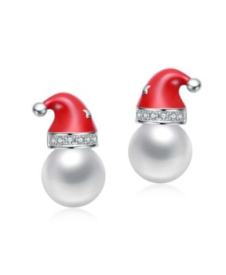 White Gold Plated with White Pearl & Clear Cubic Zirconia Santa Hat Stud Earrings