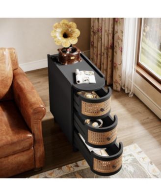 Solid Wood End Table, No Assembly Required, 3-Drawer Rattan Nightstand with Exquisite Embossed Handles, Perfect for Living Room, Bedroom Storage, 1 Pcs