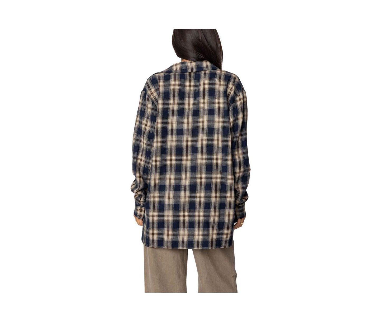 Женская рубашка Edikted Plaid Flannel Button Up, цвет: Тёмно-синий — фото 3