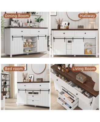 Kitchen Sideboard with Sliding Barn Doors, 5 Drawers