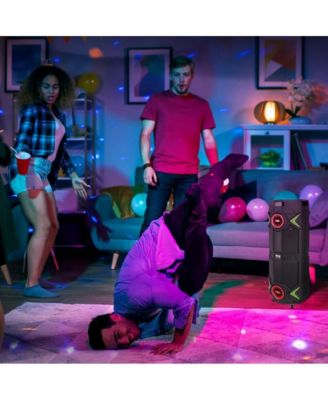 Dual 8” Portable PA Speaker with Bluetooth, Flashing Party Lights, USB/SD/FM Radio & Wireless Microphone