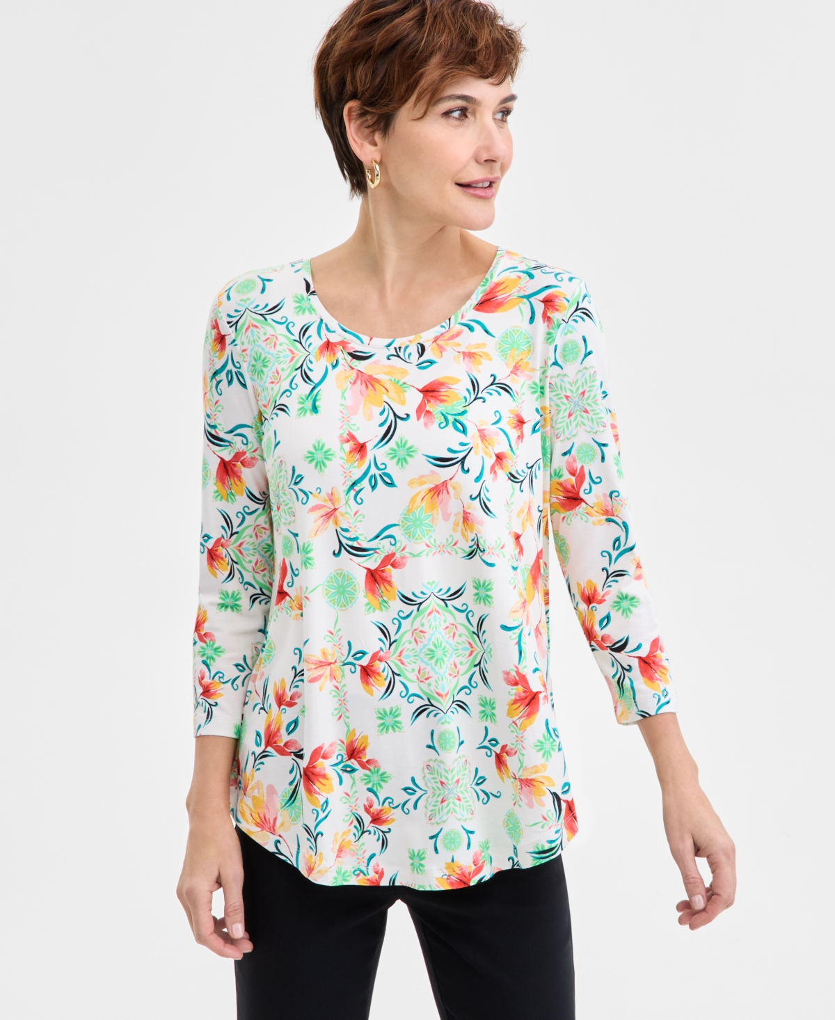 Women's Printed Scoop-Neck 3/4-Sleeve Top, Exclusively at Macy's - Deep Black