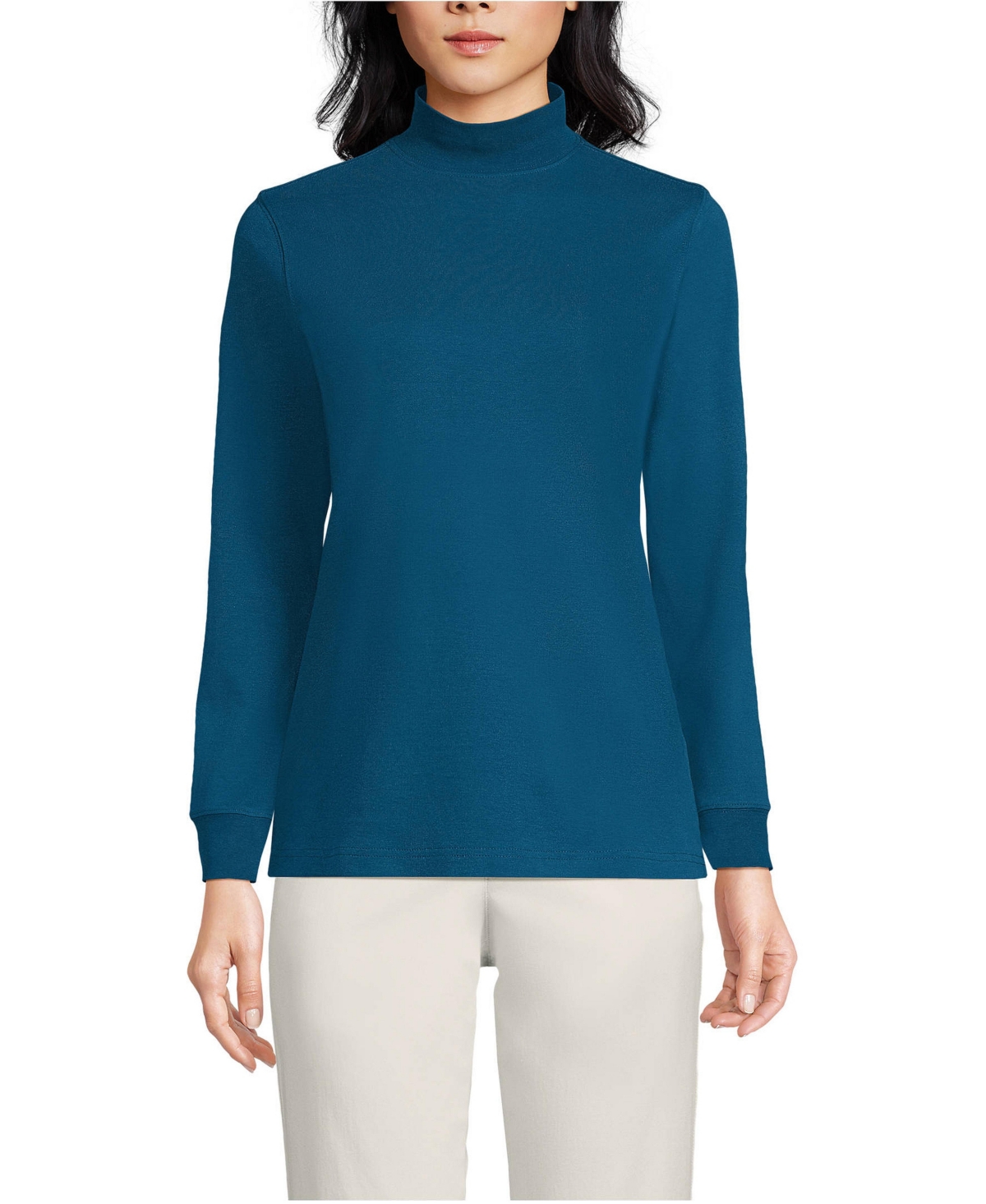 Lands' End Women's Tall Relaxed Cotton Long Sleeve Mock Turtleneck - Baltic teal