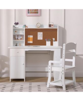 Kids Study Desk and Chair Set, Features Bookshelf, Bulletin Board, and Cabinets