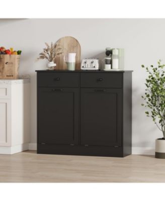 Double Tilt Out Trash Cabinet 20 Gallon,Hidden Wooden Trash Can Cabinet with Deodorizing Function,Farmhouse Laundry Hamper Cabinet, Pet Proof Trash Can, Wood Laundry Cabinet White