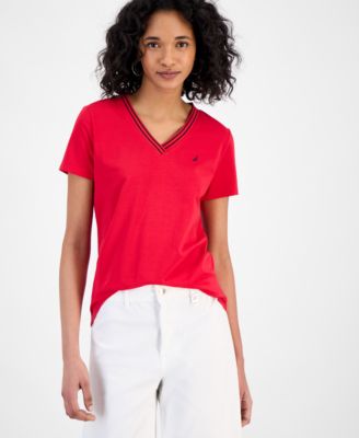 Women's Solid Stripe-Trim V-Neck