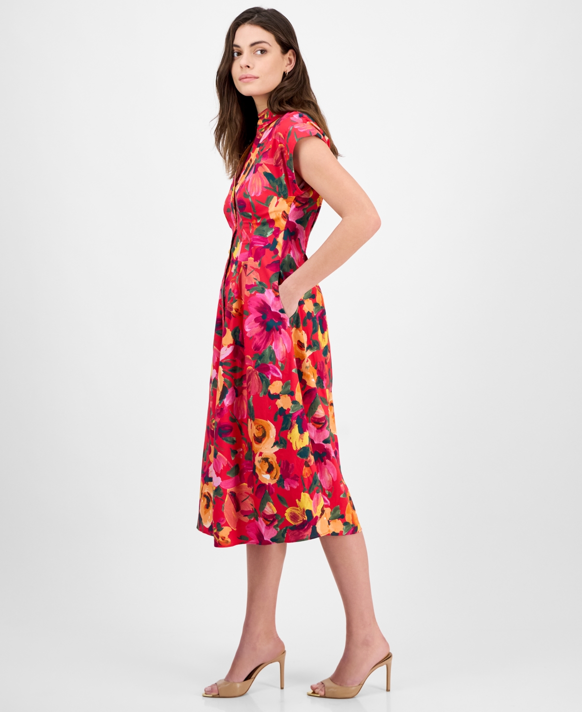 Julia Jordan Plus Size Floral-print Button-down Shirtdress In Red Multi