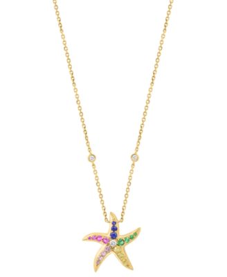 EFFY&reg; Multi-Gemstone (5/8 ct. t.w.) & Diamond (1/8 ct. t.w.) Starfish Pendant Necklace in 14k Gold, 18" + 1" extender