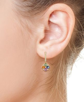 EFFY&reg; Multi-Sapphire (1-7/8 ct. t.w.) & Diamond Flower Dangle Hoop Earrings in 14k Gold