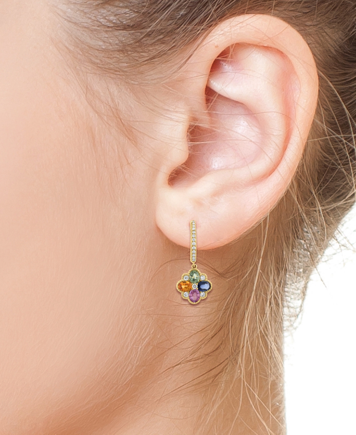 EFFY COLLECTION EFFY MULTI-SAPPHIRE (1-7/8 CT. T.W.) & DIAMOND FLOWER DANGLE HOOP EARRINGS IN 14K GOLD 