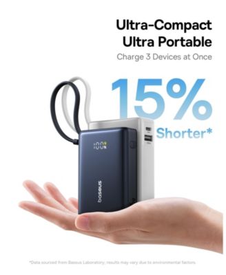 Power Bank, Picogo 10000mAh 45W 3-Output Portable Charger with Built-in USB-C Cable, White