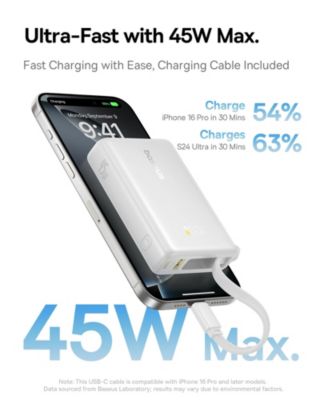 Power Bank, Picogo 10000mAh 45W 3-Output Portable Charger with Built-in USB-C Cable, White