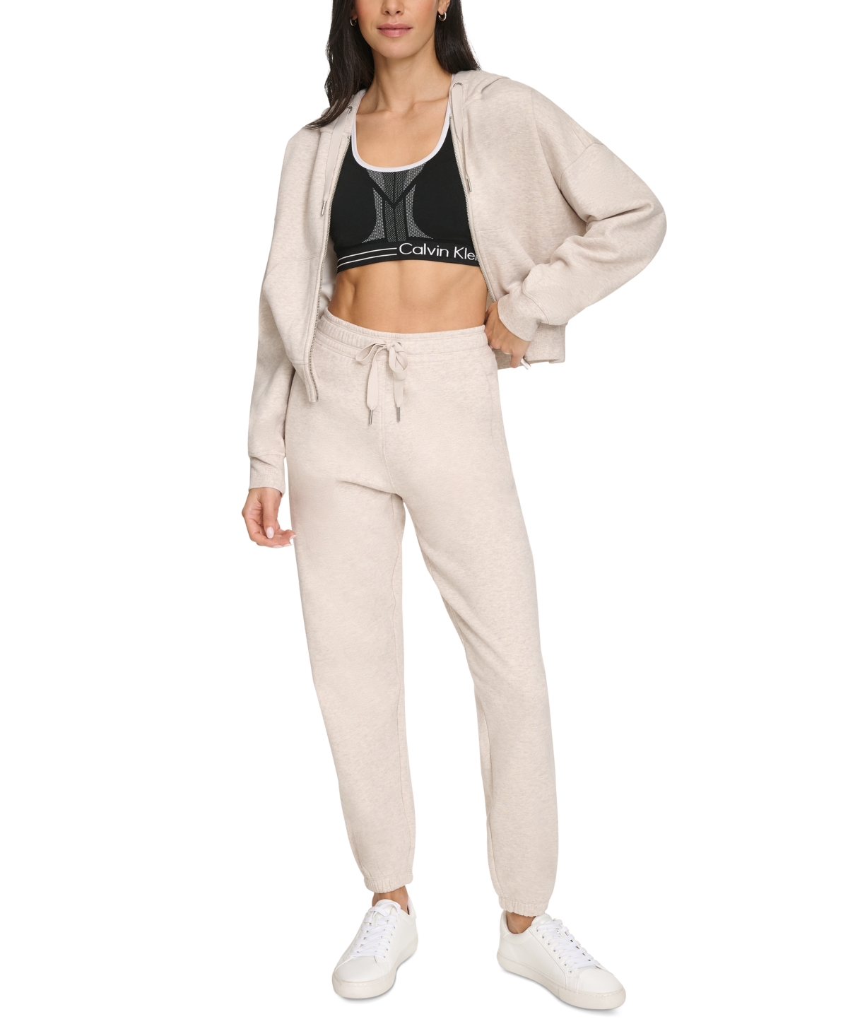Calvin Klein Women's Fleece Crop Zip-front Long-sleeve Hoodie In Neutral