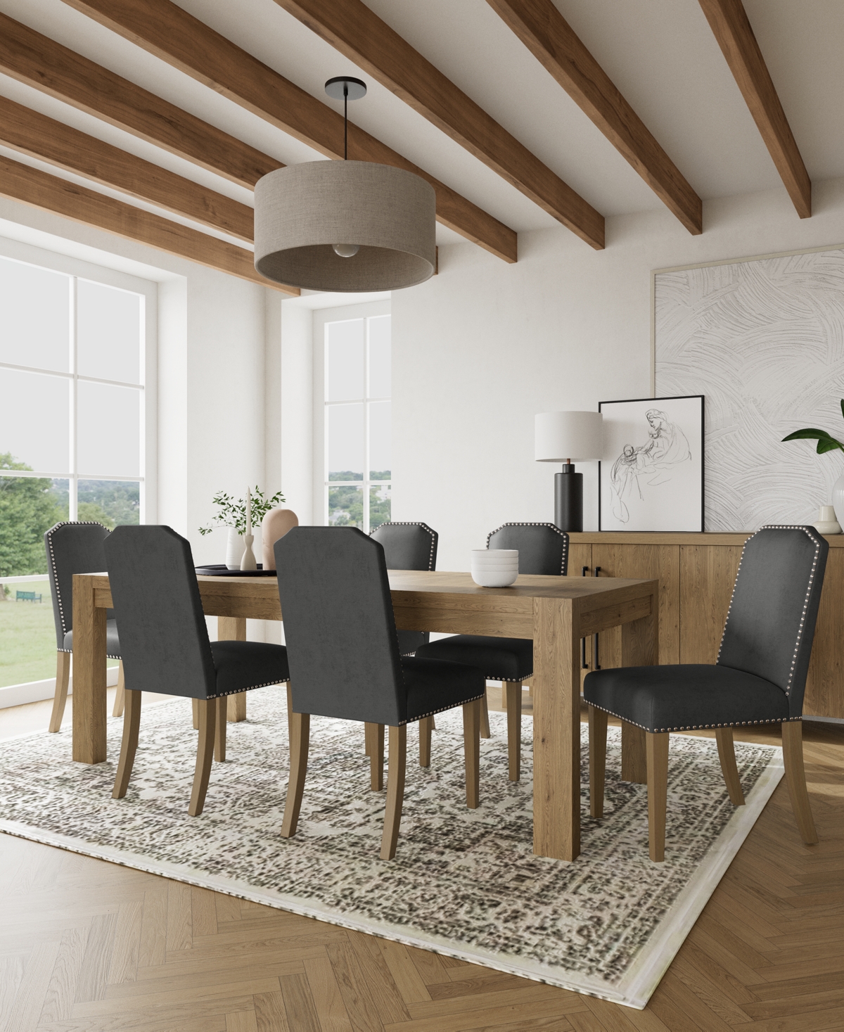 Macy's 7pc Dining Set (davie Rectangular Table & 6 Hinsen Chairs) In Slate