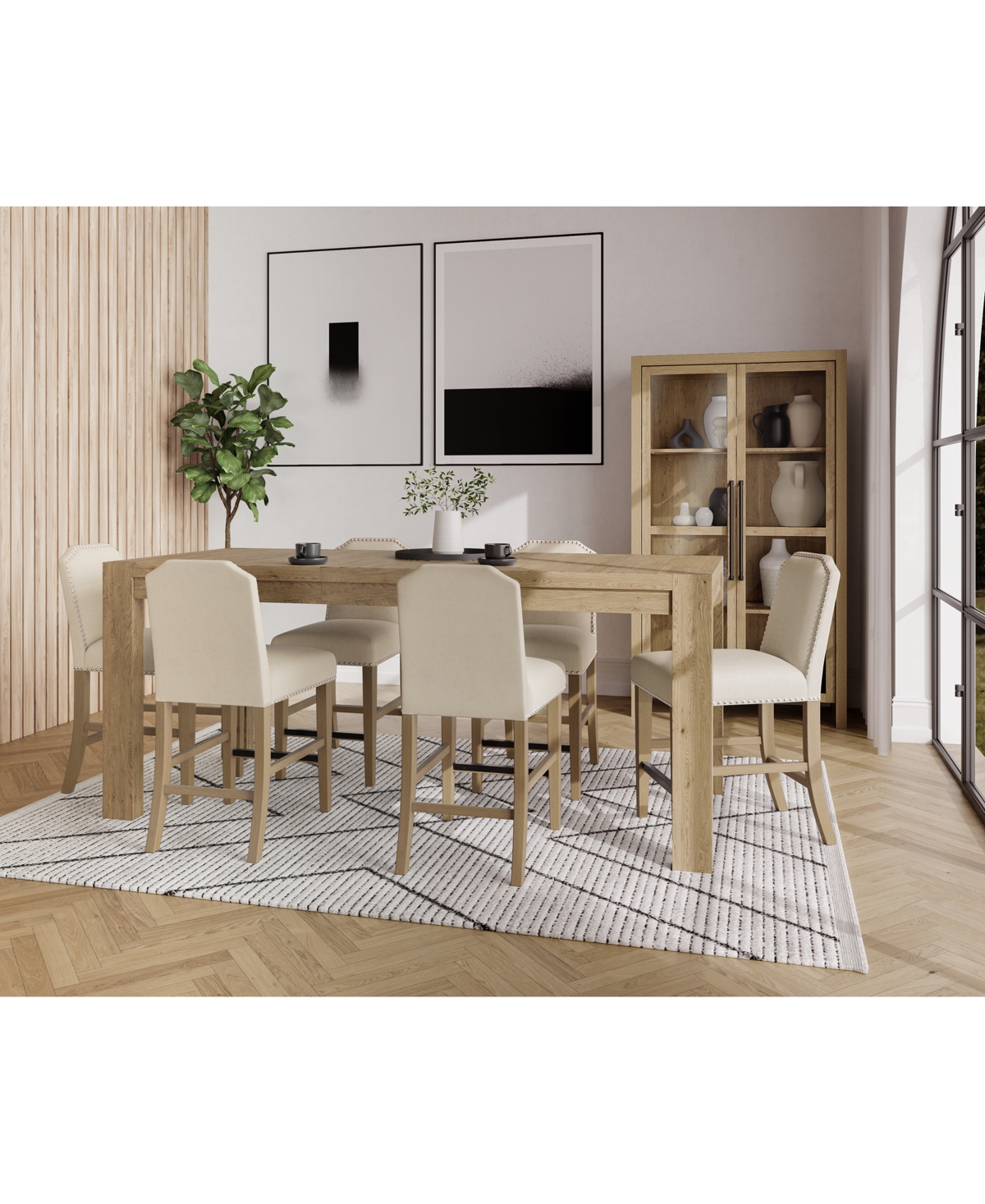 MACY'S 7PC COUNTER HEIGHT DINING SET (DAVIE RECTANGULAR TABLE & 6 HINSEN STOOLS) 
