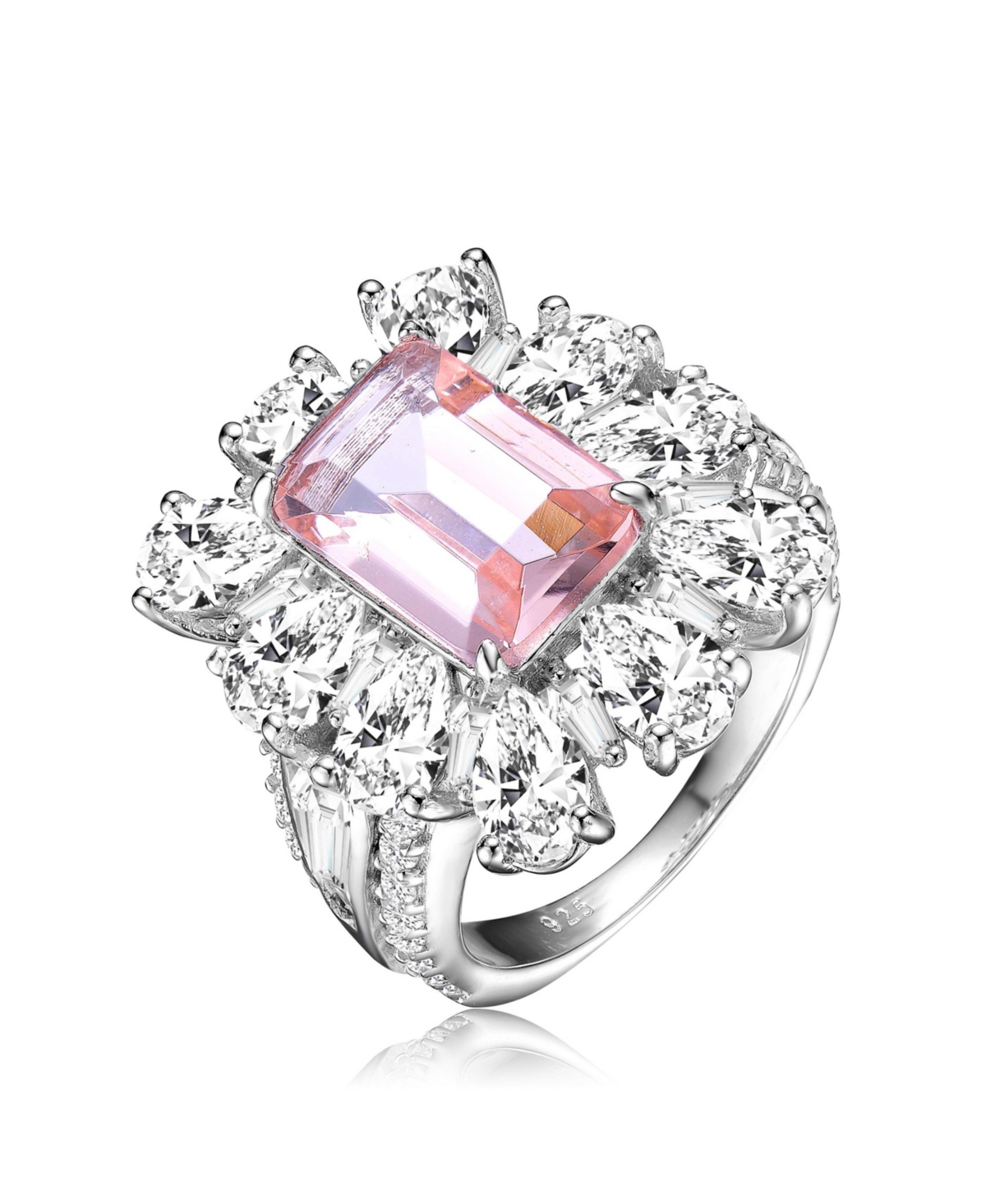 Sterling Silver White Gold Plated Cut Cubic Zirconia Cocktail Ring - Pink