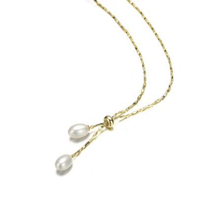 14K Gold Plated Pearl and Cubic Zirconia Y Neck Necklace
