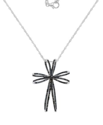 Black Spinel Double Openwork Cross Pendant Necklace in Sterling Silver