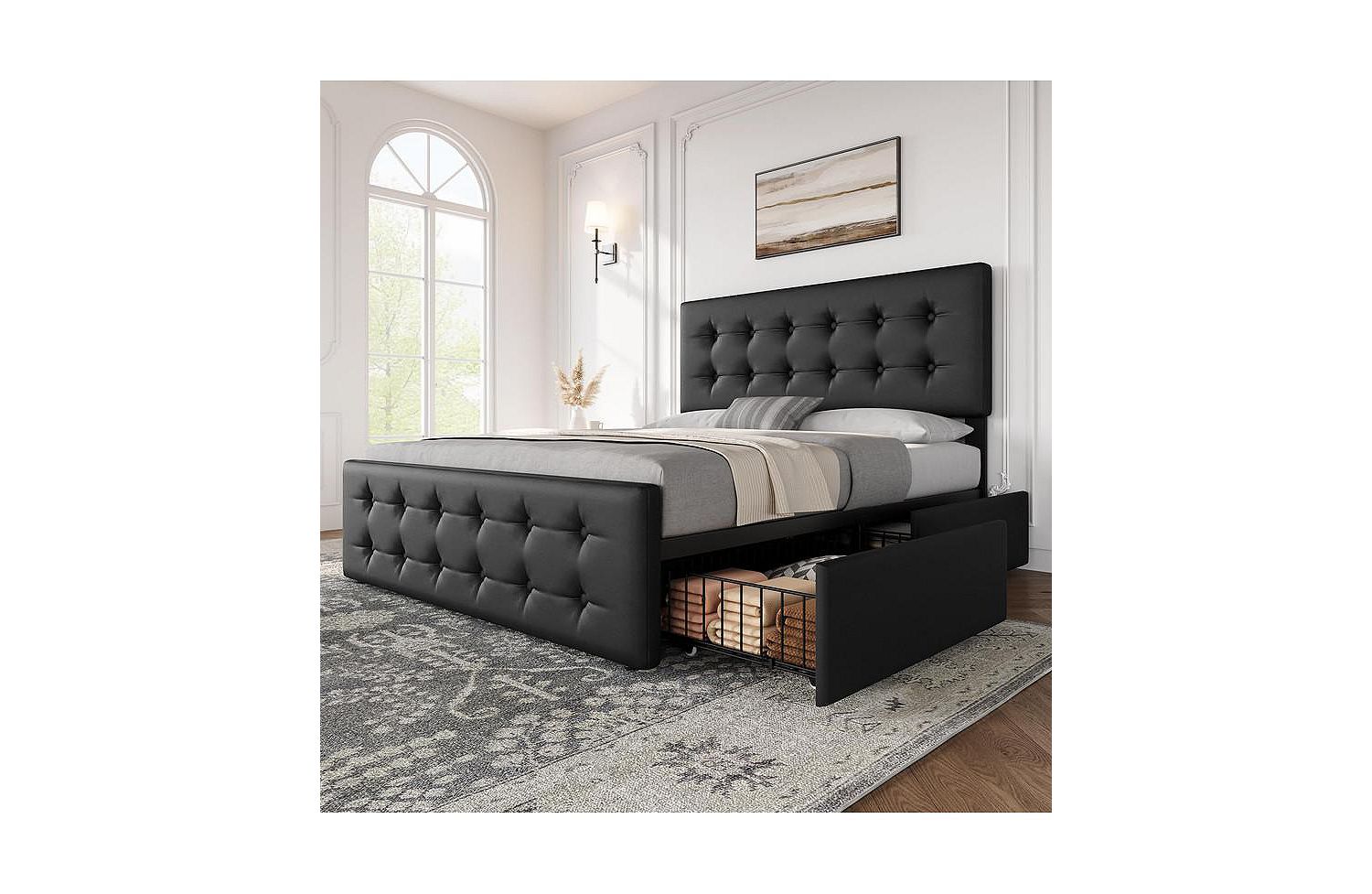 Gaomon Queen Size Storage Bed Frame with 4 Drawers & Button Tufted Headboard (Faux)