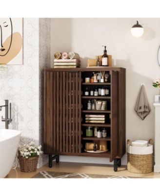 6-Tier Bathroom Floor Cabinet with 2 Louvered Doors, Large Wooden Bathroom Storage Cabinet with Adjustable Shelves, Freestanding Sideboard for Bathroom/Kitchen/Living Room, Dark Walnut