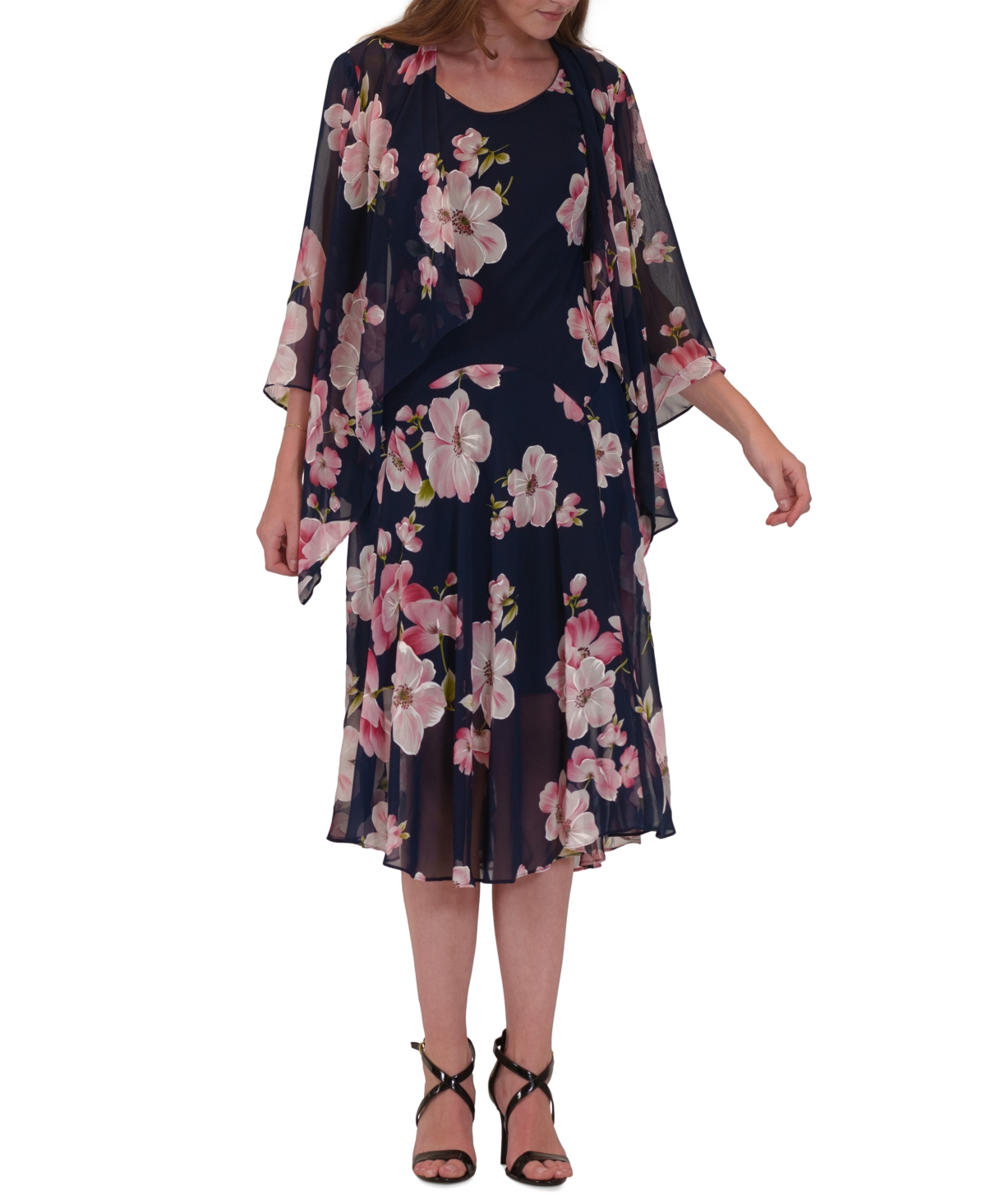 Plus Size Floral Print Open-Front Chiffon Jacket Dress - Navy Pink