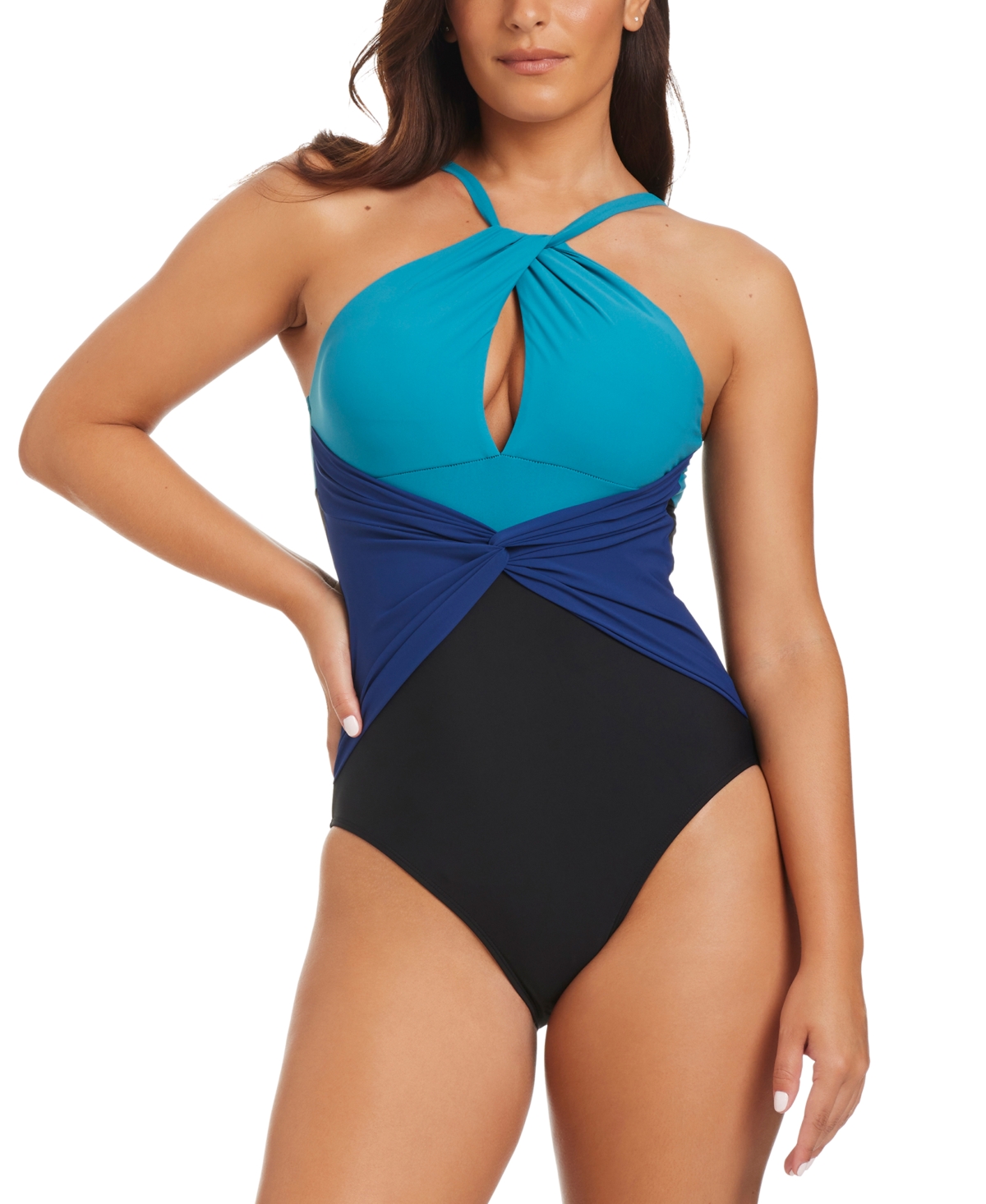 Women's Coastal Colorblock Twisted Halter One-Piece Swimsuit - Mazari Palm