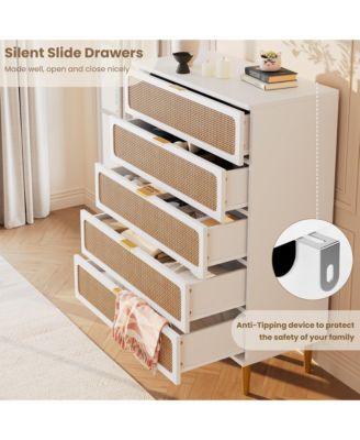Rattan 5 Drawer Dresser for Bedroom, Tall Dresser with Deep Drawers