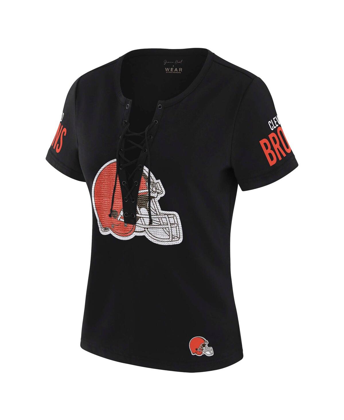 Wear By Erin Andrews X Gracie Hunt Women's Black Cleveland Browns Draft Me Lace-up T-shirt In Black