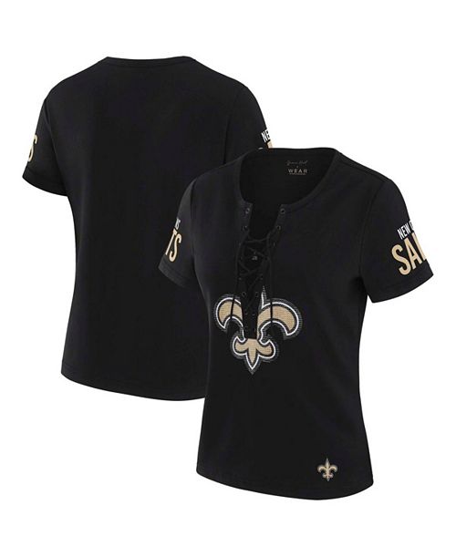 alfani WEAR by Erin Andrews x Gracie Hunt Women's Black New Orleans Saints Draft Me Lace-Up T-Shirt Sports Fan Shop