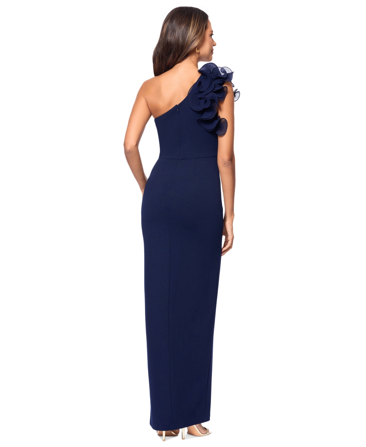 Xscape Petite One-shoulder Ruffle Gown In Navy