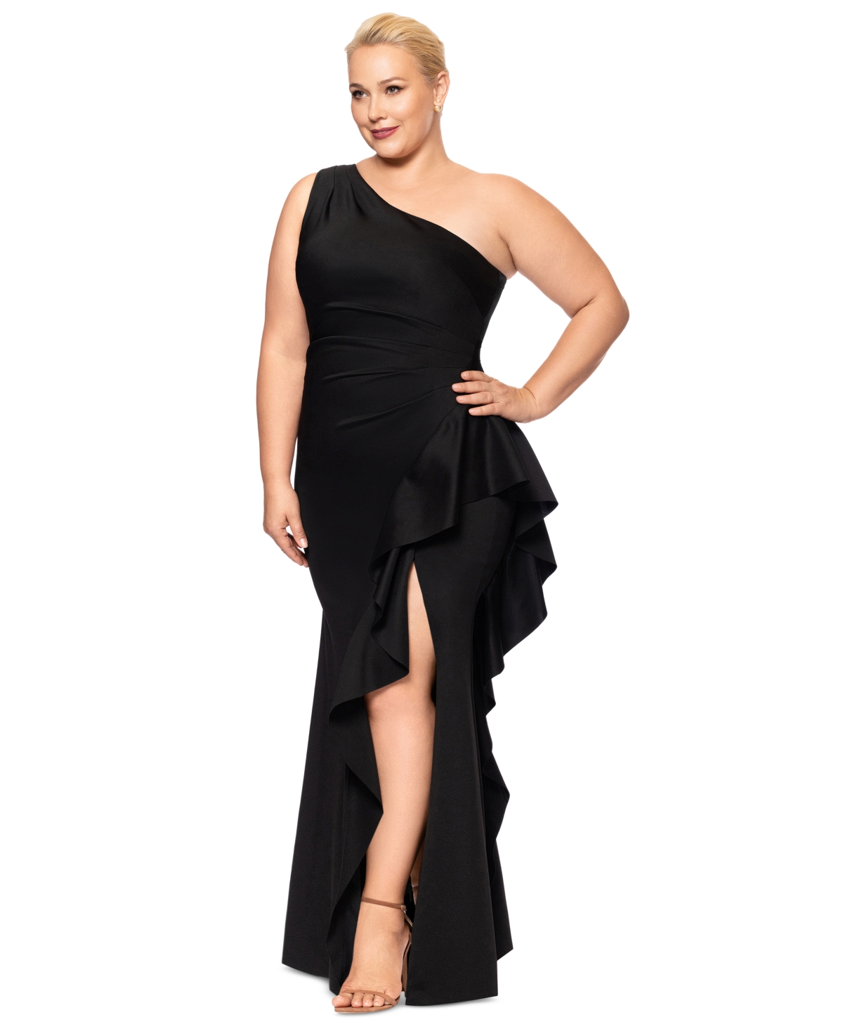 Xscape Plus Size Cascading One-shoulder Gown In Black