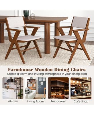 Wooden Dining Chair Set of 4 w/ Rubber Wood Frame Padded Seat & Back Armrests