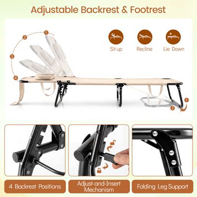 Folding Beach Sun Lounger Adjustable Face Down Tanning Chair w/ Face Hole and Removable Pillows Sand