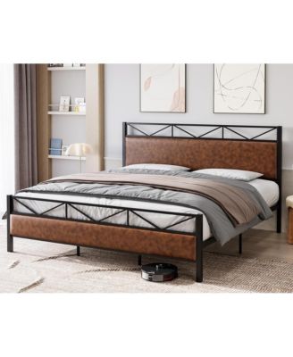 King Bed Frame, Metal Platform Bed Frame with Rustic Vintage Soft-breaded Headboard and Footboard, Noise Free, No Box Spring Needed, Easy Assembly, Large Under Bed Storage