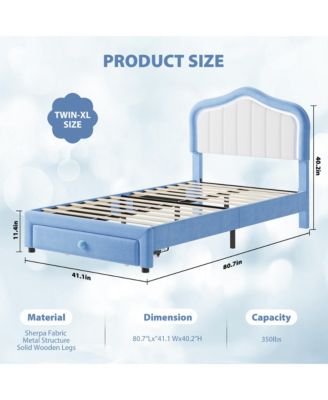 Twin-XL Upholstered Bed Frame with Storage Drawers, Cute Girls & Boys Bed with Adjustable Headboard