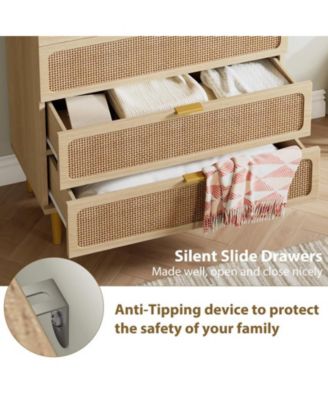 Rattan 5 Drawer Dresser for Bedroom, Tall Dresser with Deep Drawers, Large Chest of Drawers for Closet with Wide Top, Long Wooden Dresser for Living Room, Hallway, Kids Room, Natural