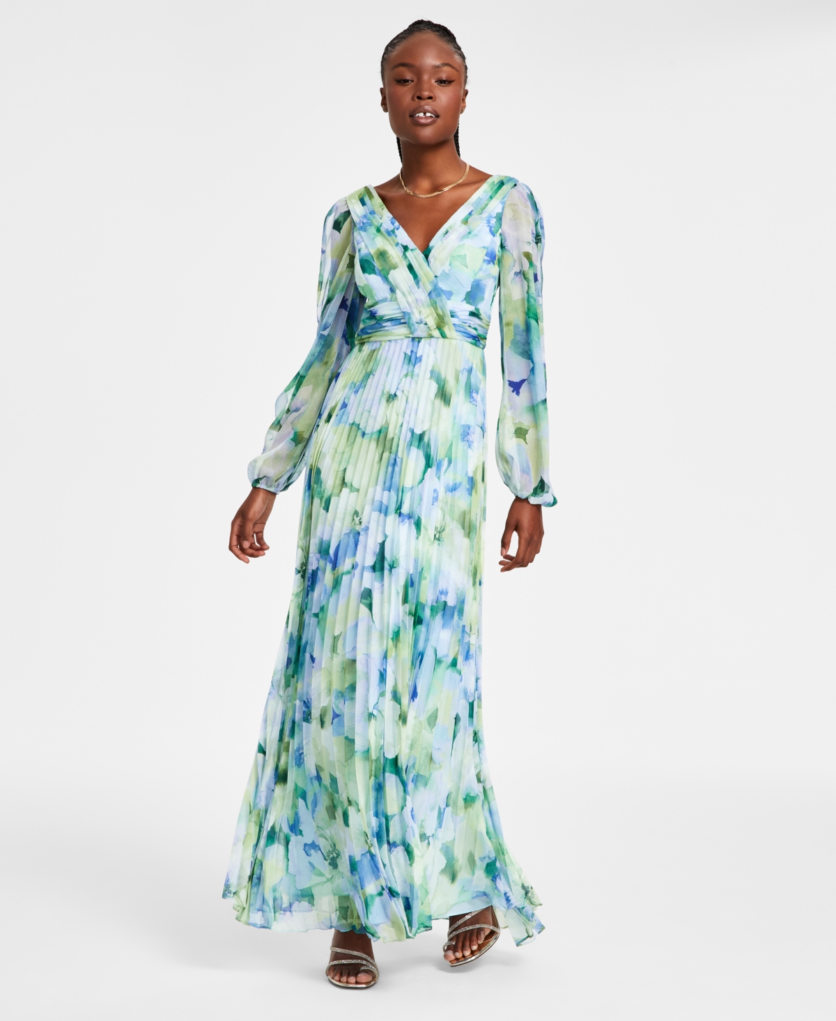 BETSY & ADAM WOMEN'S FLORAL-PRINT PLEATED GOWN 