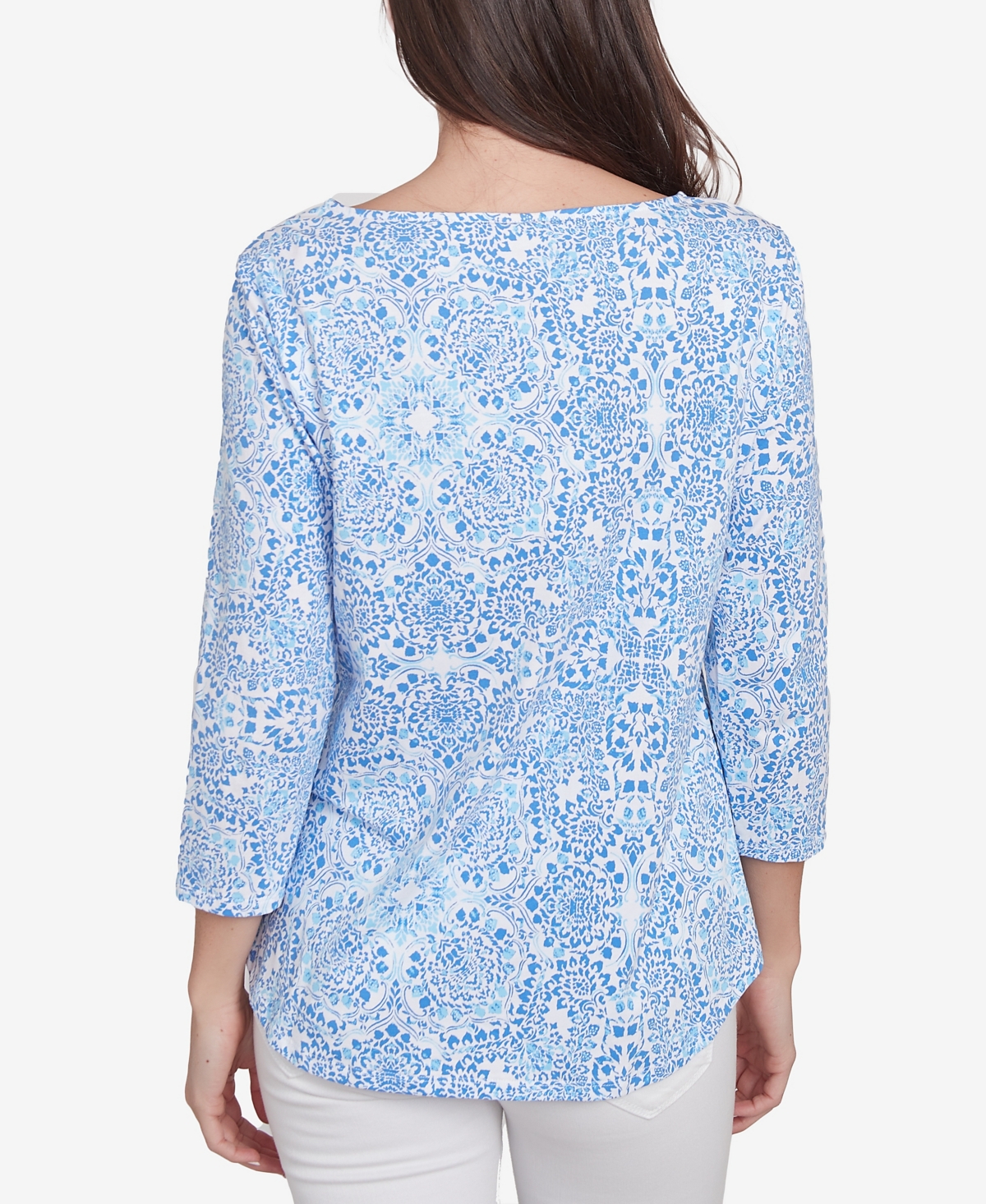 Ruby Rd. Petite Medallion Bold Floral Three Quarter Sleeve T-shirt In Bluebird Multi