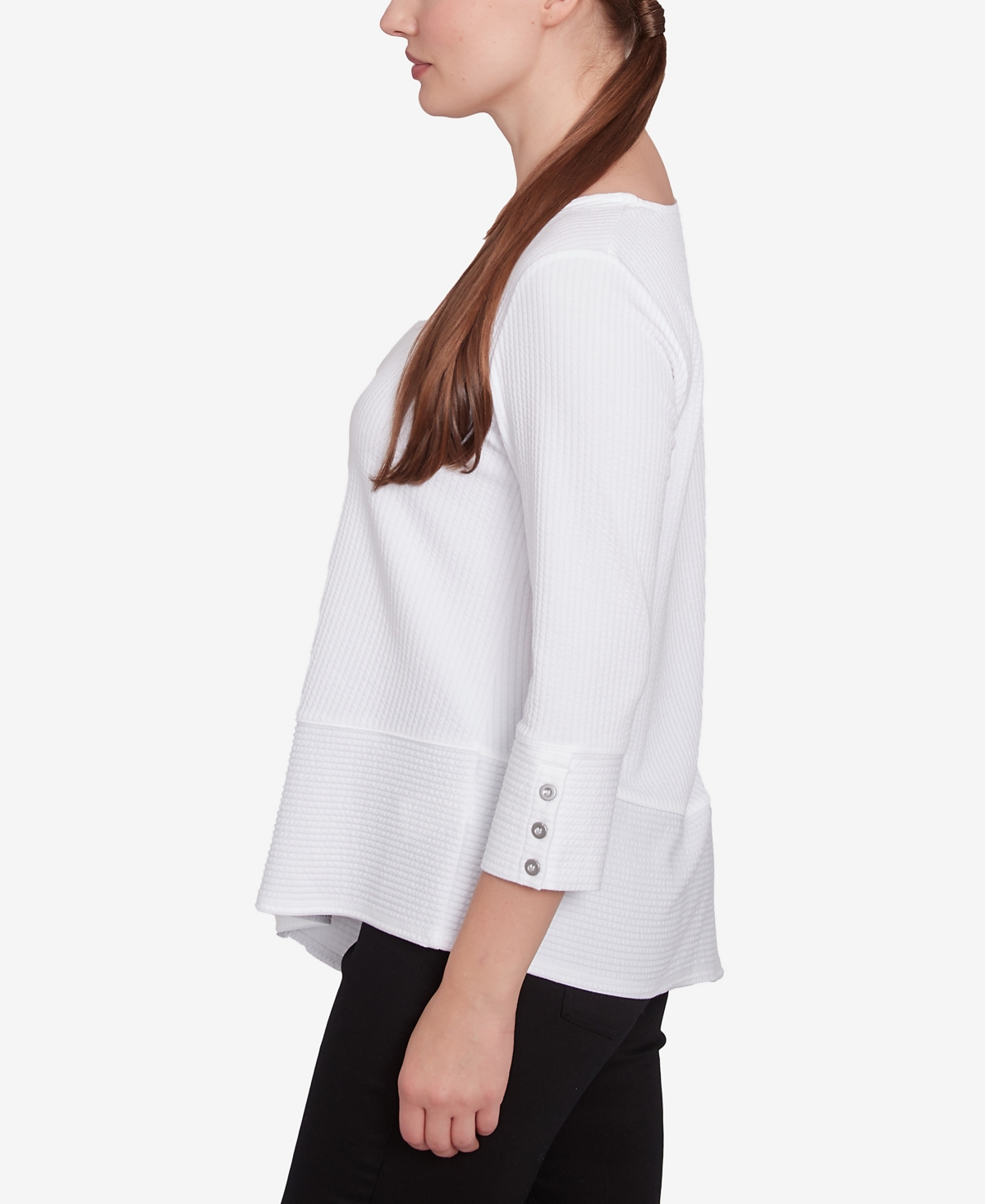 Ruby Rd. Petite Cable Stripe Ottoman Three Quarter Sleeve Top In White