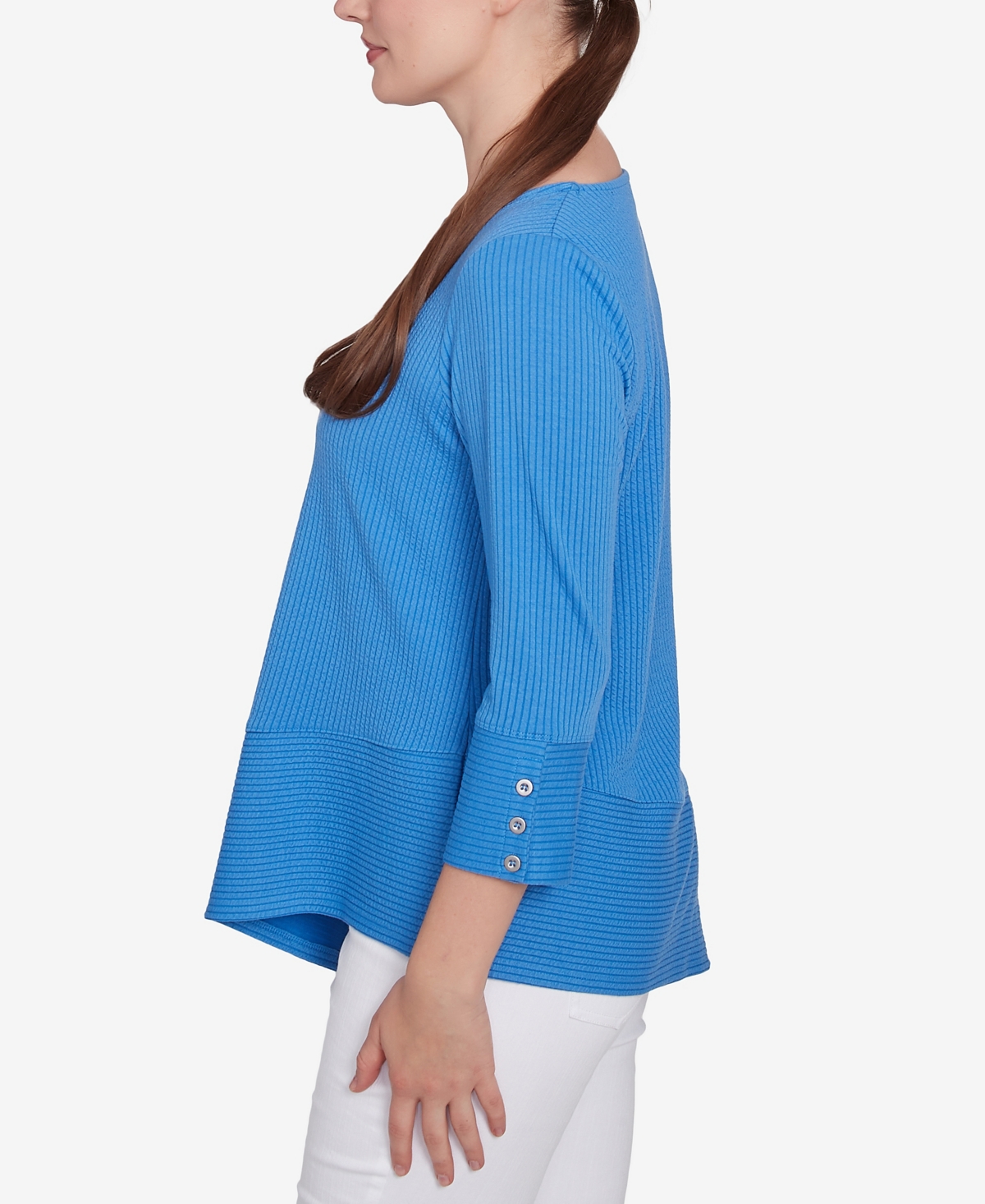 Ruby Rd. Petite Cable Stripe Ottoman Three Quarter Sleeve Top In Azure