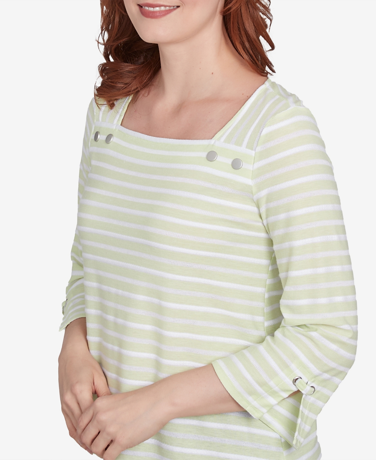 Ruby Rd. Petite Ribbon Stripe Laced Sleeve Top In Avocado Multi
