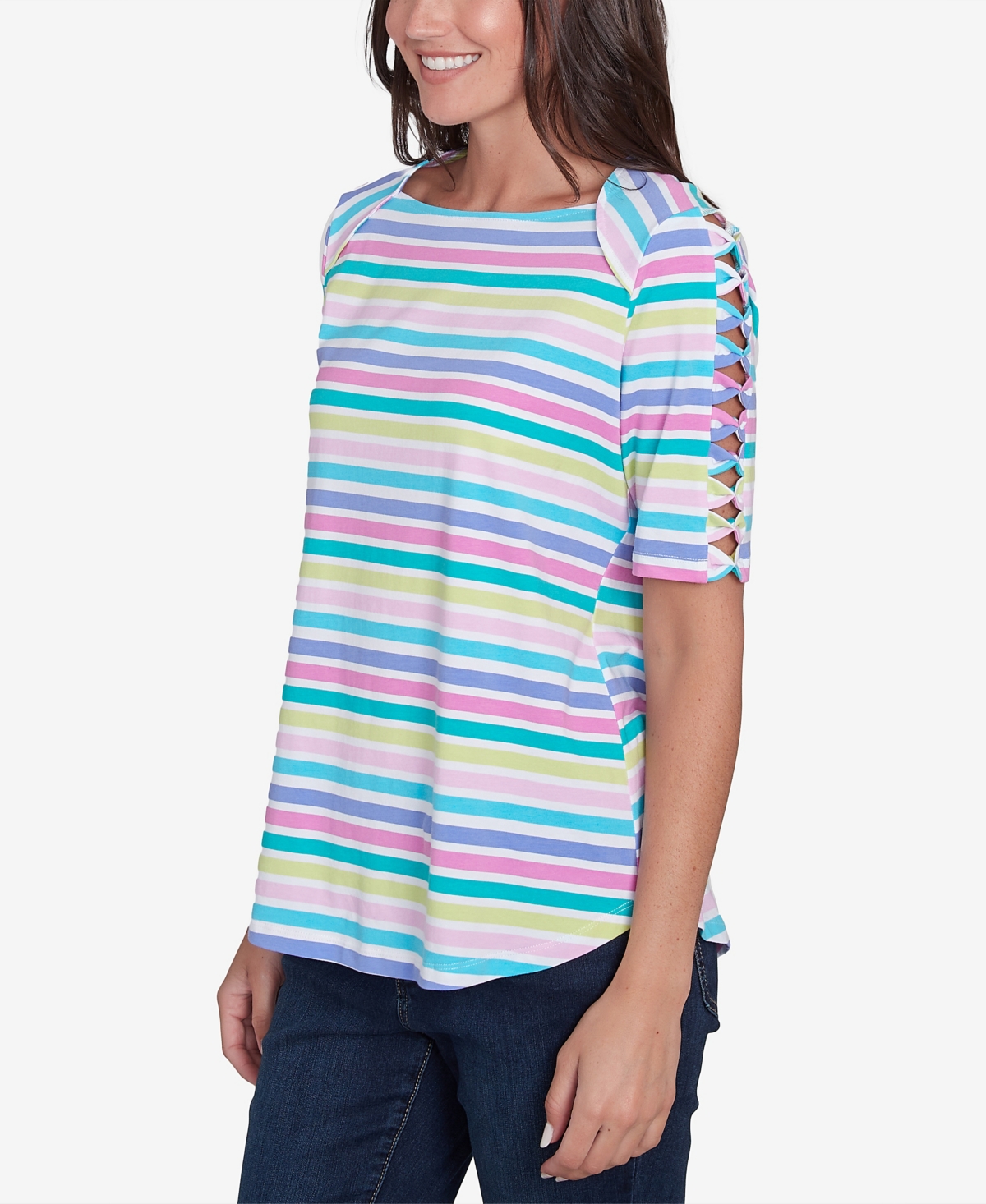 RUBY RD. PETITE OASIS STRIPE LADDER SLEEVE T-SHIRT 