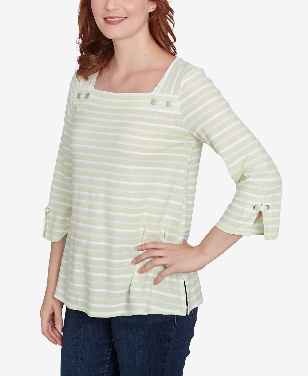 Ruby Rd. Petite Ribbon Stripe Laced Sleeve Top In Avocado Multi