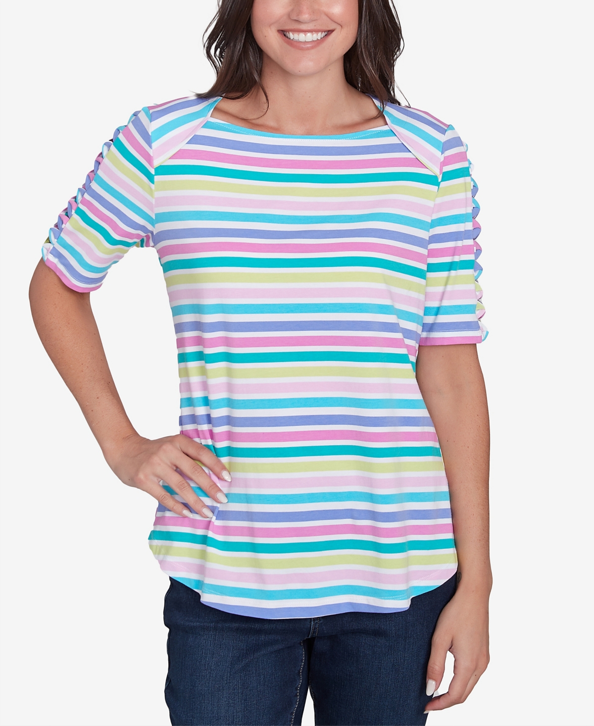 RUBY RD. PETITE OASIS STRIPE LADDER SLEEVE T-SHIRT 