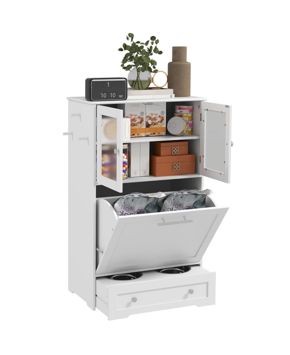 Dog Feeding Station w/ 2 Storage Cabinet, Side Hooks, Anti-tip Kit - White
