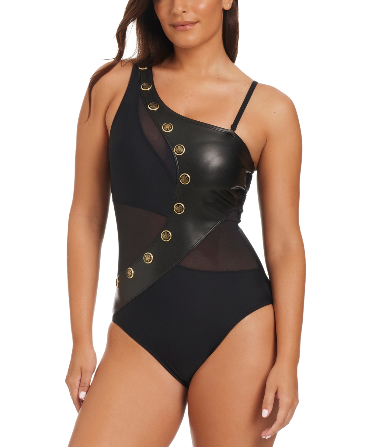 Women's Faux-Leather One-Shoulder One-Piece Swimsuit - Black
