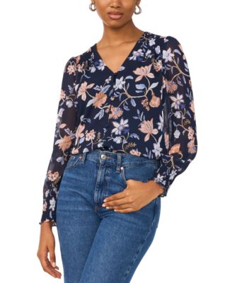 Sam & Jess - Leopard-Print V-Neck Smocked-Shoulder Top